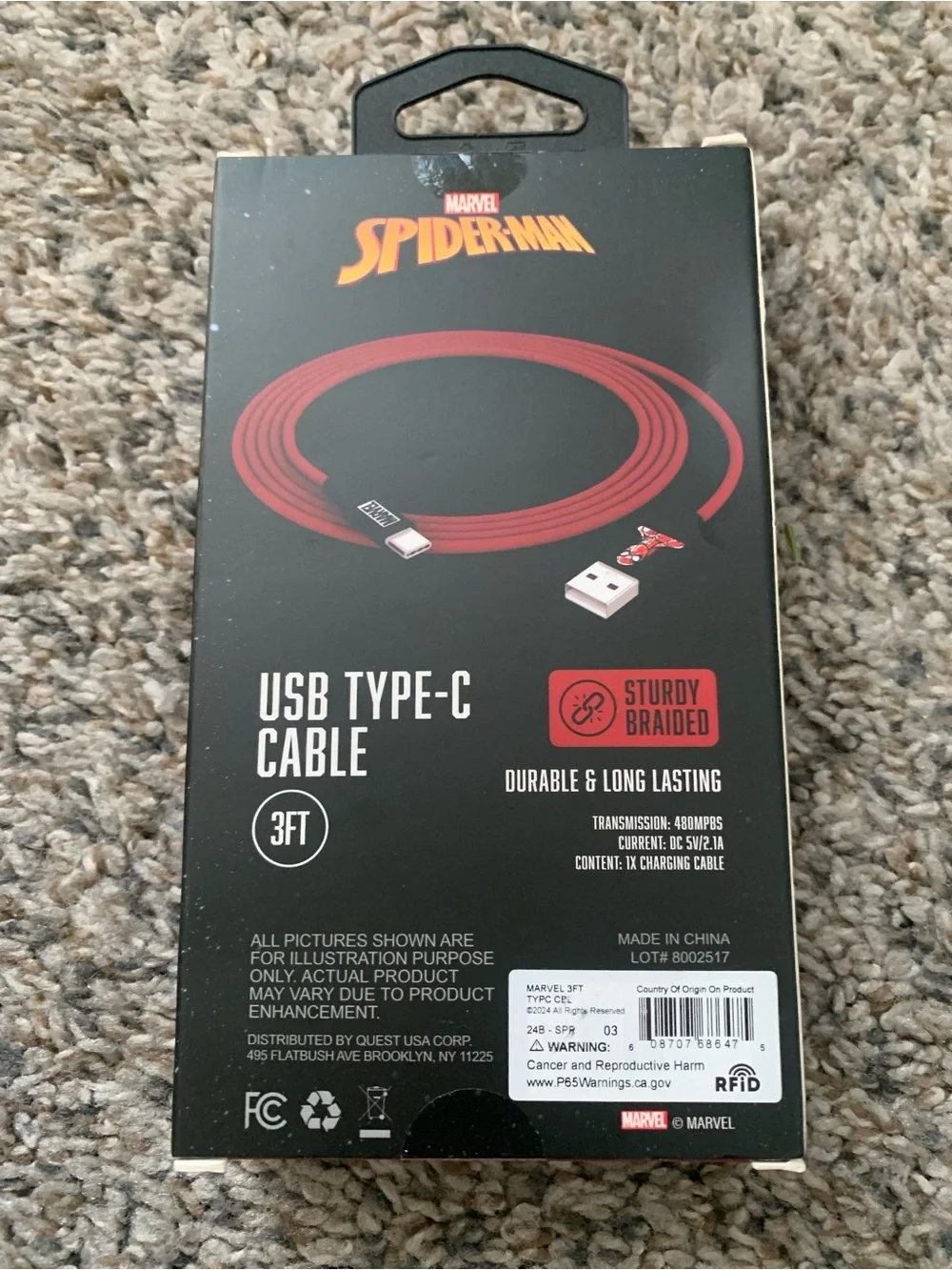 Marvel Spider-Man USB Type-C Cable in Black & Red